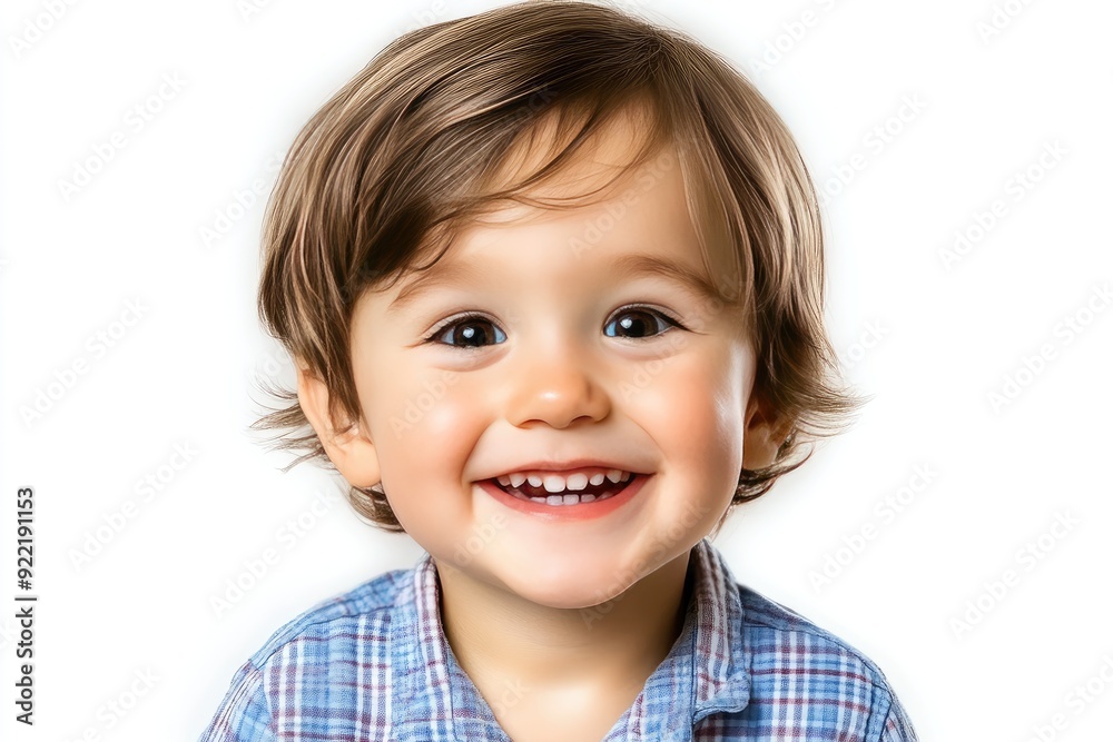 Joyful toddler with a bright smile wearing a blue checkered shirt against a white background Joyful toddler with a bright smile wearing a blue checkered shirt against a white background