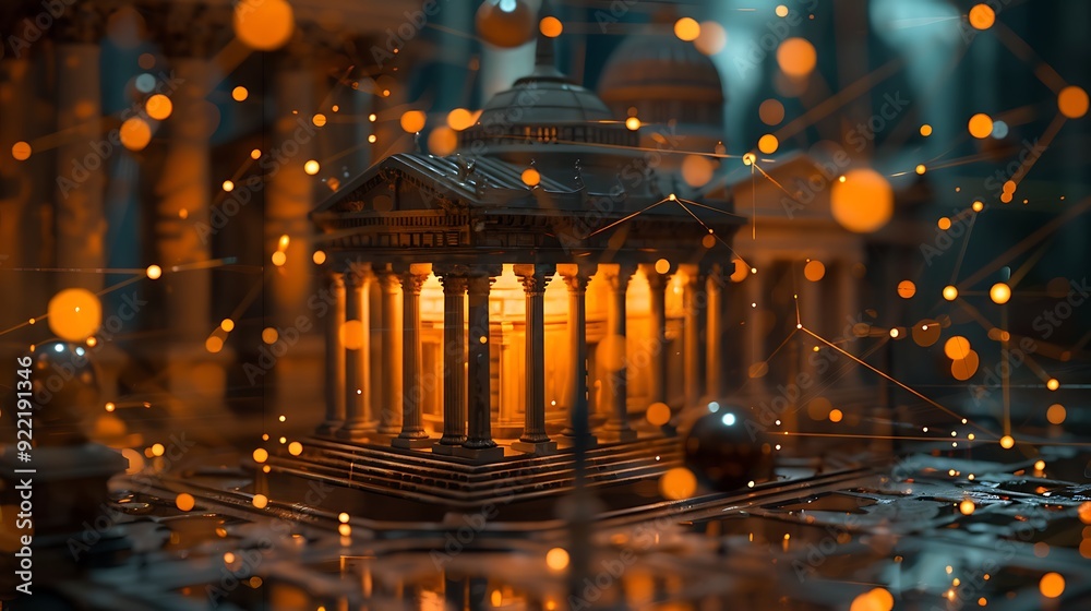 Obraz premium Illuminated Architectural Model of a Classic Building Surrounded by a Digital Network