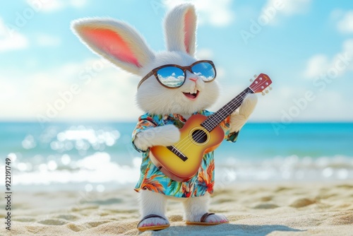 A cheerful rabbit with sunglasses strums a guitar on a sandy beach, enjoying the sunny atmosphere and ocean waves