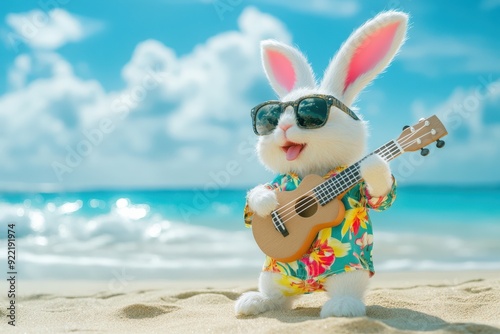 A lively rabbit dressed in tropical attire strums a ukulele, enjoying a sunny day at the beach by the ocean