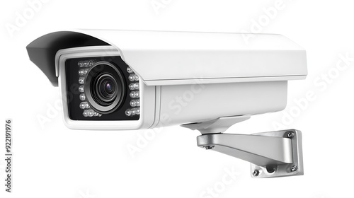 A sleek, modern white security camera designed for outdoor surveillance, featuring a protective hood and infrared lighting for low-light conditions.