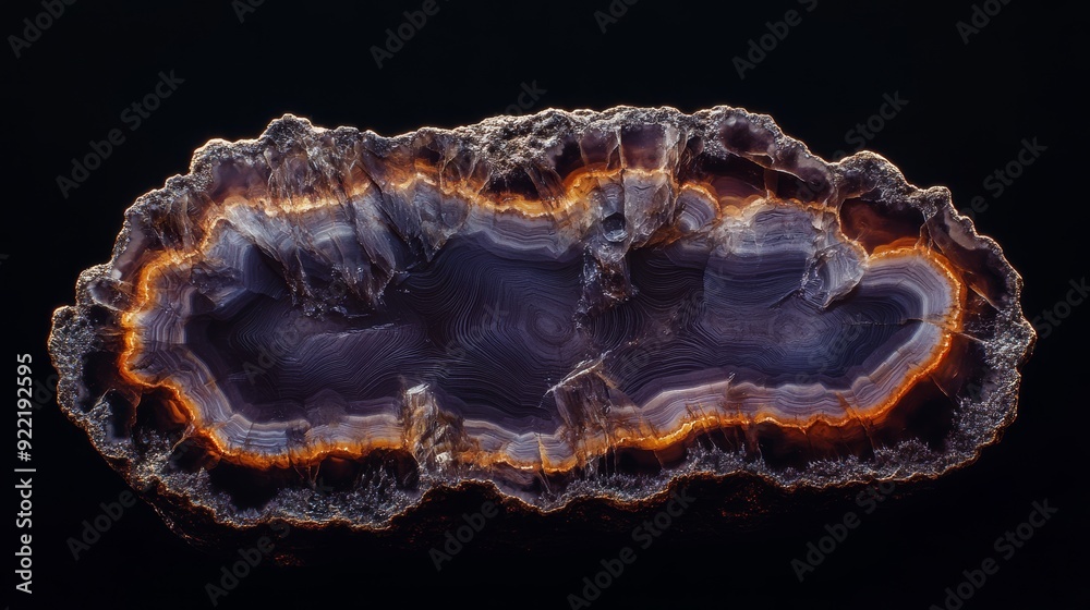 A hyper-realistic photograph of a polished mineral slice, revealing intricate internal patterns and veins, set against a deep black solid background A hyper-realistic photograph of a polished mineral slice, revealing intricate internal patterns and veins, set against a deep black solid background