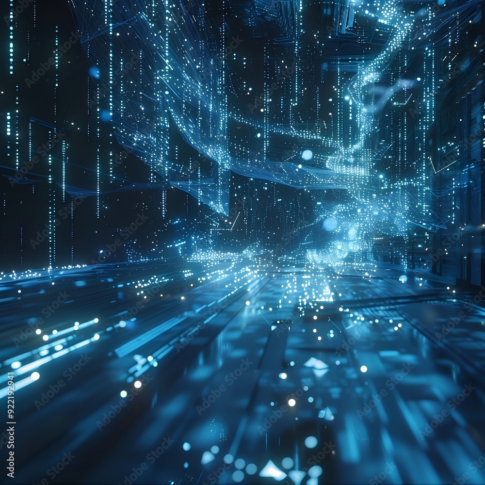 Abstract Data Chart with Blue Tones, Technological Sense, Lines, Particles, Ambient Light, and Mysterious Atmosphere. Abstract Data Chart with Blue Tones, Technological Sense, Lines, Particles, Ambient Light, and Mysterious Atmosphere.