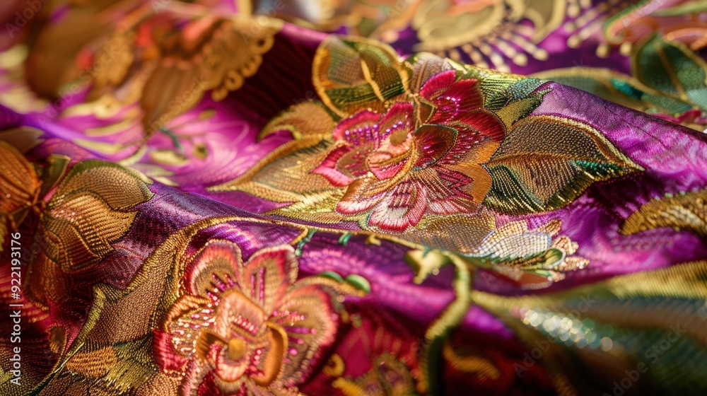 Close-up of Vibrant Purple and Gold Brocade Fabric with Floral Embroidery Close-up of Vibrant Purple and Gold Brocade Fabric with Floral Embroidery