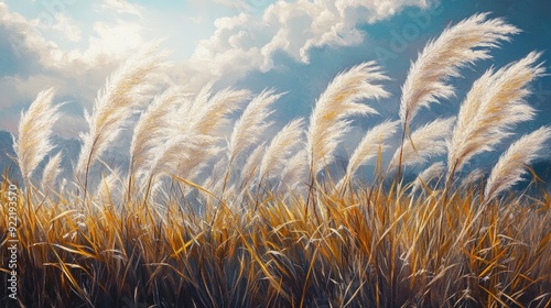 Field of pampas grass swaying gently in the wind, golden plumes glistening in the sunlight, creating a serene natural scene.