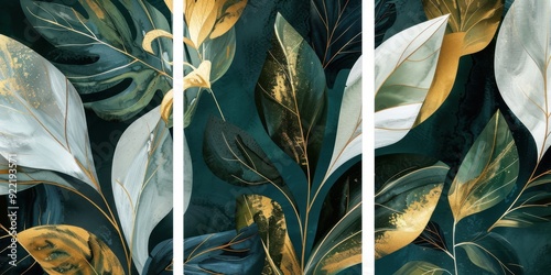 Set of 3 wall art panels with abstract leaf prints in lush green, muted gold, and cool charcoal, painting, close up, split into three on white background 