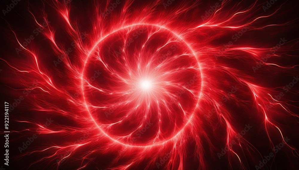 Fototapeta premium 中央から広がる赤い雷. Red Lightning Spreading from the Center. AI generated.