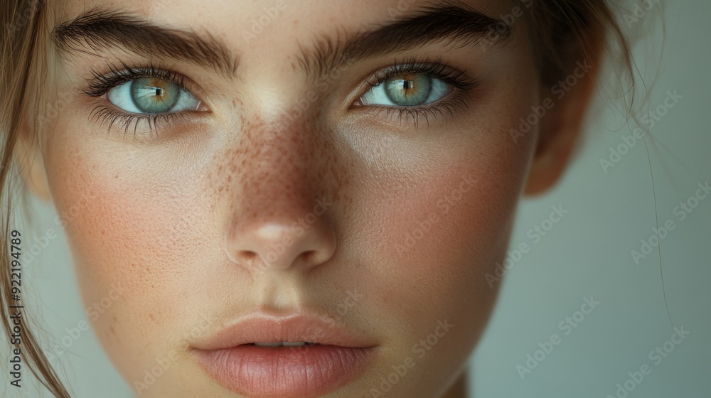 Fototapeta premium A detailed shot of a young woman face with light makeup, highlighting her clear skin and the delicate features of her eyes and lips against a neutral background.
