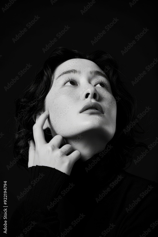 An Asian Woman Captured In A Portrait, Standing With Her Chin In Her Hand, Lost In Thought About A Question An Asian Woman Captured In A Portrait, Standing With Her Chin In Her Hand, Lost In Thought About A Question