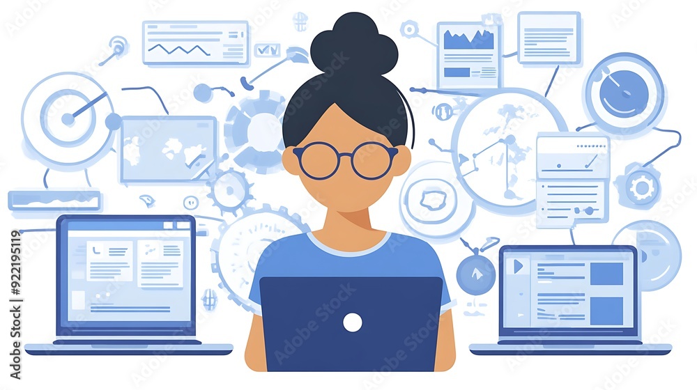 A young Black woman with glasses working on a laptop, surrounded by digital graphics representing data analysis and technology. A young Black woman with glasses working on a laptop, surrounded by digital graphics representing data analysis and technology.