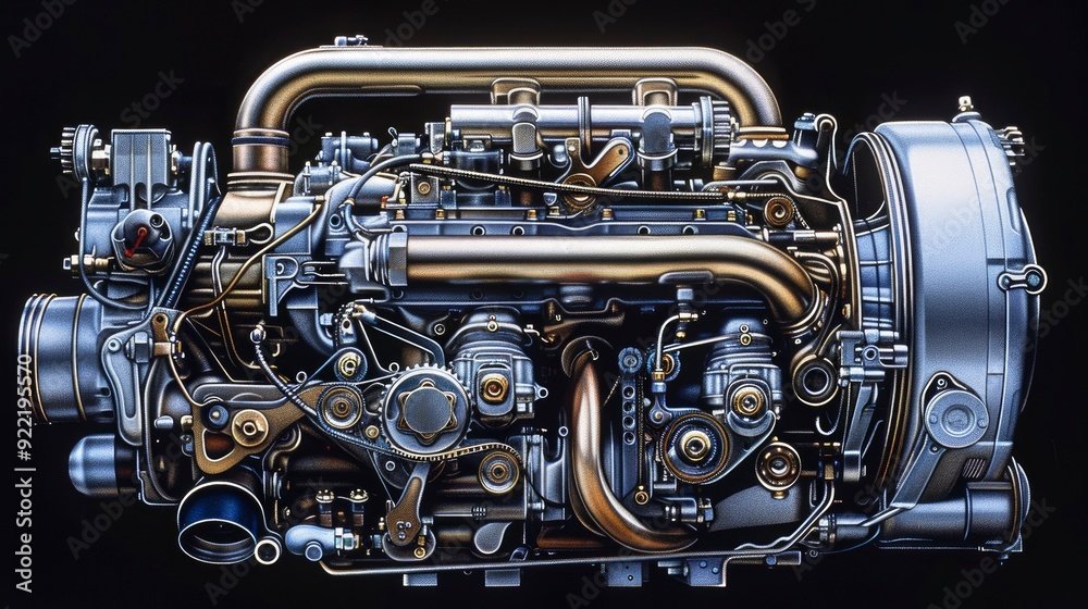 A cross-section of a turbocharged engine, showing the turbocharger and exhaust system, emphasizing the enhancement of engine performance. A cross-section of a turbocharged engine, showing the turbocharger and exhaust system, emphasizing the enhancement of engine performance.