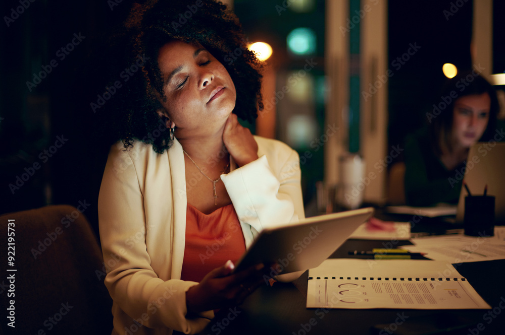Business, woman and tablet with neck pain in office from stress, company budget mistake or error on finance report. Accounting, expert or overworked with tension at desk at night for audit deadline Business, woman and tablet with neck pain in office from stress, company budget mistake or error on finance report. Accounting, expert or overworked with tension at desk at night for audit deadline
