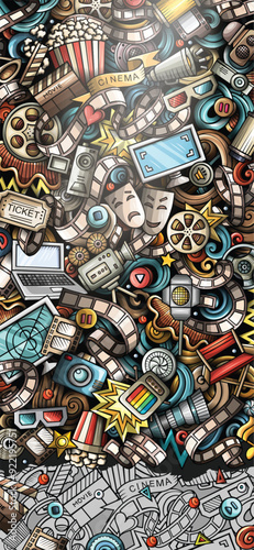 Cinema hand drawn doodle banner. Cartoon detailed flyer.