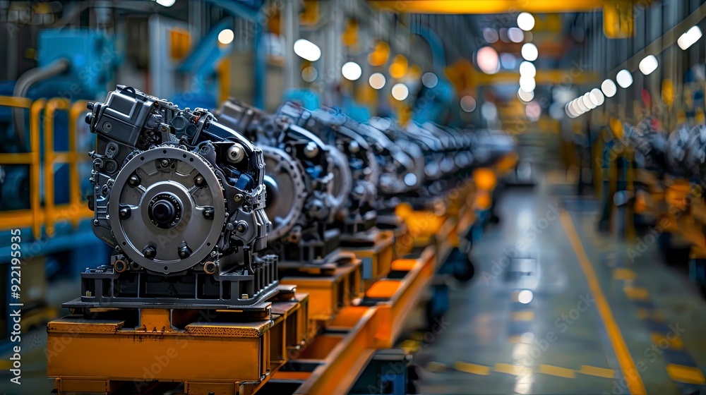 A row of engines on pallets, ready for shipment, representing the distribution and logistics involved in the automotive industry. A row of engines on pallets, ready for shipment, representing the distribution and logistics involved in the automotive industry.