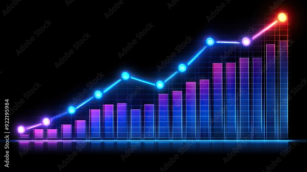 Abstract blue purple neon growing financial graph chart background Abstract blue purple neon growing financial graph chart background