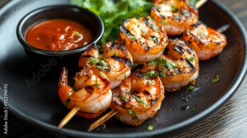 A detailed shot of grilled shrimp on a skewer, with a side of dipping sauce and a fresh garnish, showcasing the juicy and flavorful nature of the dish.