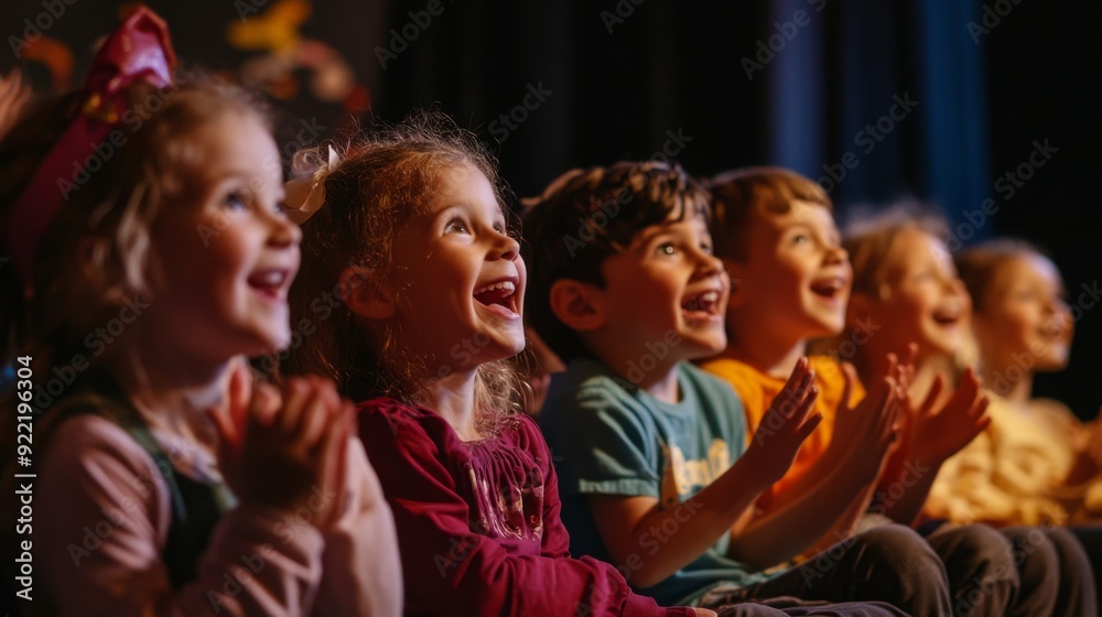 A group of joyful children are clapping and smiling while watching a captivating performance at a theater. A group of joyful children are clapping and smiling while watching a captivating performance at a theater.
