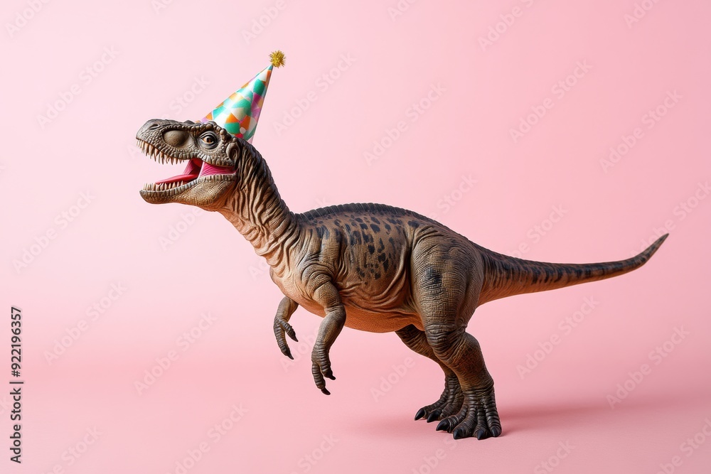 Fototapeta premium Celebratory dinosaur with party hat on pink background