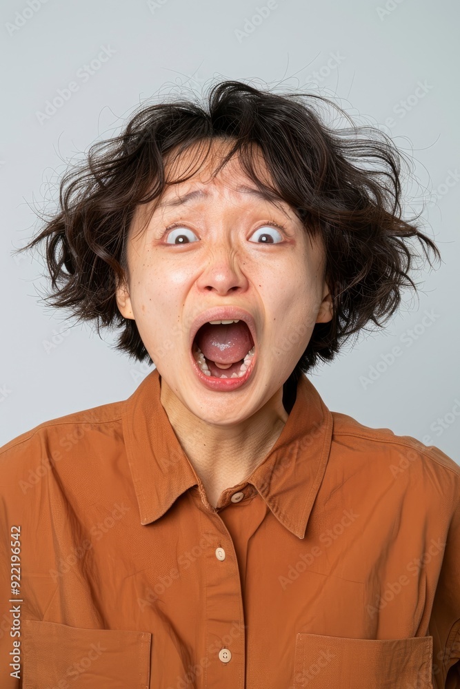 An Angry, Mad Face And Gesture Of An Asian Woman In A Brown Shirt, Isolated Against A White Background An Angry, Mad Face And Gesture Of An Asian Woman In A Brown Shirt, Isolated Against A White Background