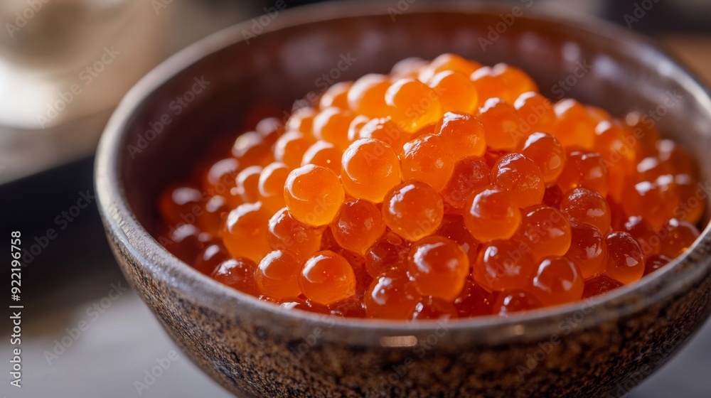 A detailed shot of salmon roe (ikura) in a small bowl, with the bright orange pearls glistening, emphasizing the luxurious and flavorful aspect of the ingredient. A detailed shot of salmon roe (ikura) in a small bowl, with the bright orange pearls glistening, emphasizing the luxurious and flavorful aspect of the ingredient.