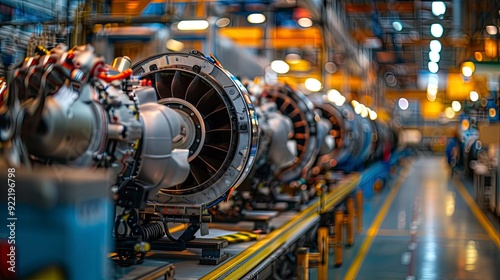 A row of engines on assembly stands in a factory, showcasing the mass production capabilities and efficiency in manufacturing.