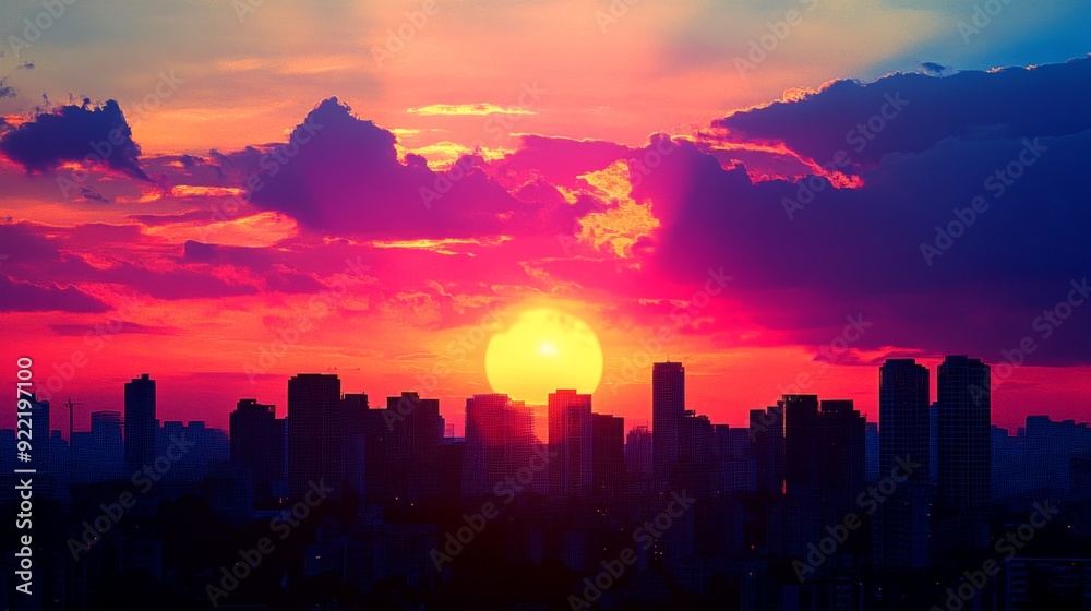 A detailed shot of the sun setting behind a city skyline, with buildings silhouetted against the colorful sky, emphasizing the contrast between urban life and natural beauty.