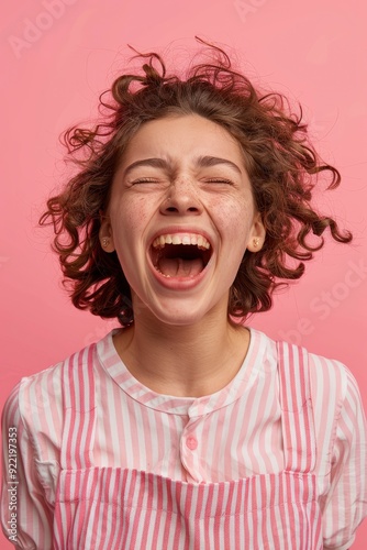 A Young Woman Wearing An Apron, Shouting With Her Mouth Wide Open, Looking Friendly, Against A Light Pink Background