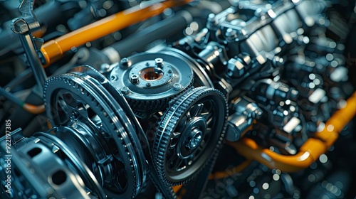 A close-up of an engine's serpentine belt and pulleys, showcasing the critical components for accessory operation.