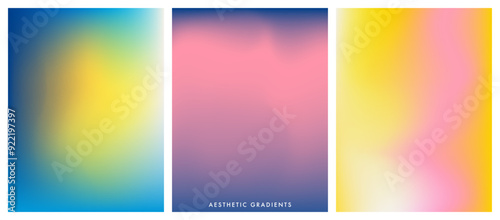 Aesthetic sky background set. Sunny, sunset and sunrise. Blurred sky gradient. Pastel colored vertical vector banner. Simple soft light backdrop. Gradient template design for poster, social post