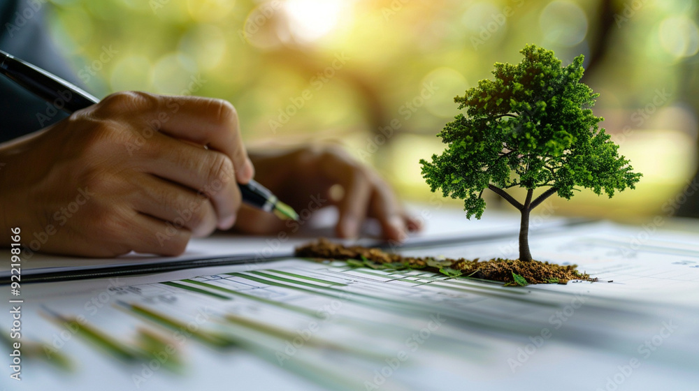 A businessman's hand draws a growth graph of green energy with a pen, while a tree model sits on the desk, symbolizing sustainable development and an eco-friendly business plan. A businessman's hand draws a growth graph of green energy with a pen, while a tree model sits on the desk, symbolizing sustainable development and an eco-friendly business plan.