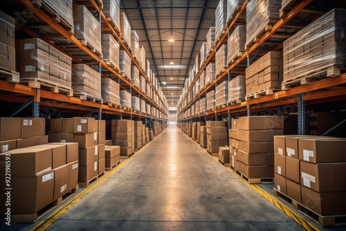 rows of shelves holding boxes inside a warehouse