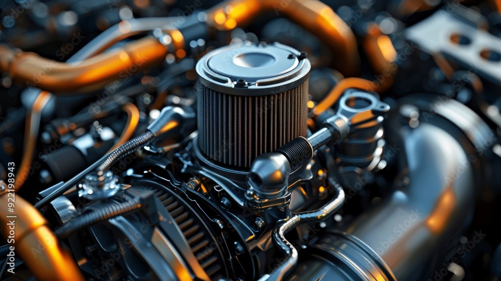 A detailed view of an engine's air filter and intake system, emphasizing the components responsible for clean and efficient air delivery. A detailed view of an engine's air filter and intake system, emphasizing the components responsible for clean and efficient air delivery.