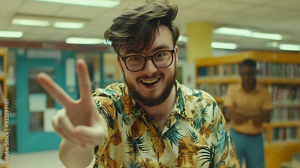 Obraz premium A joyful Caucasian male with glasses and a beard strikes a peace sign in a colorful library, showcasing a vibrant and friendly atmosphere.