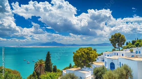 Panoramic landscape with typical white blue houses and beautiful view of seaside. Sidi Bou Said, Tunisia, North Africa  photo