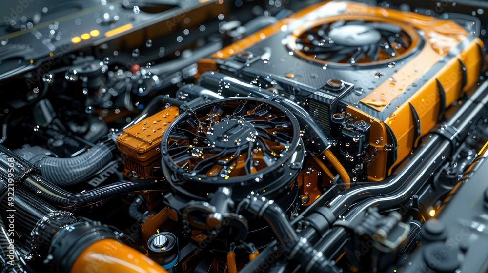 Fototapeta premium A high-performance engine's cooling system with an upgraded radiator and fans, showcasing the modifications for enhanced cooling and performance.