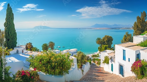 Panoramic landscape with typical white blue houses and beautiful view of seaside. Sidi Bou Said, Tunisia, North Africa 