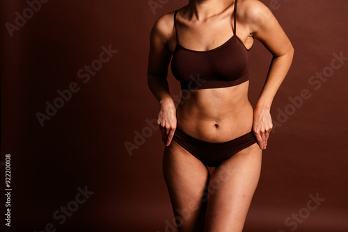 Cropped photo of plus size lady underwear lingerie accepting cellulite skin emtpy space isolated brown color background