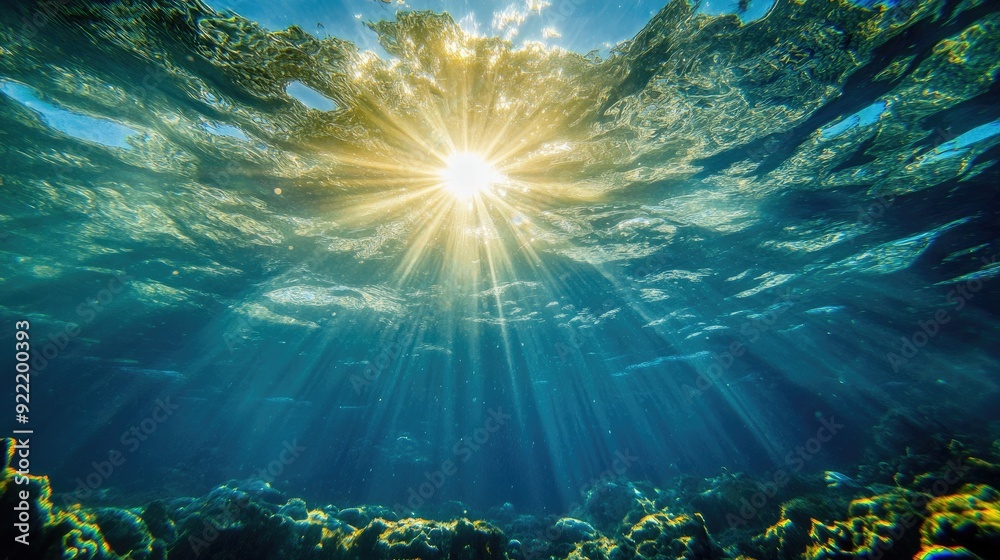 The view from beneath the water's surface, looking up at the sun as it beams through, creating a magical underwater scene The view from beneath the water's surface, looking up at the sun as it beams through, creating a magical underwater scene