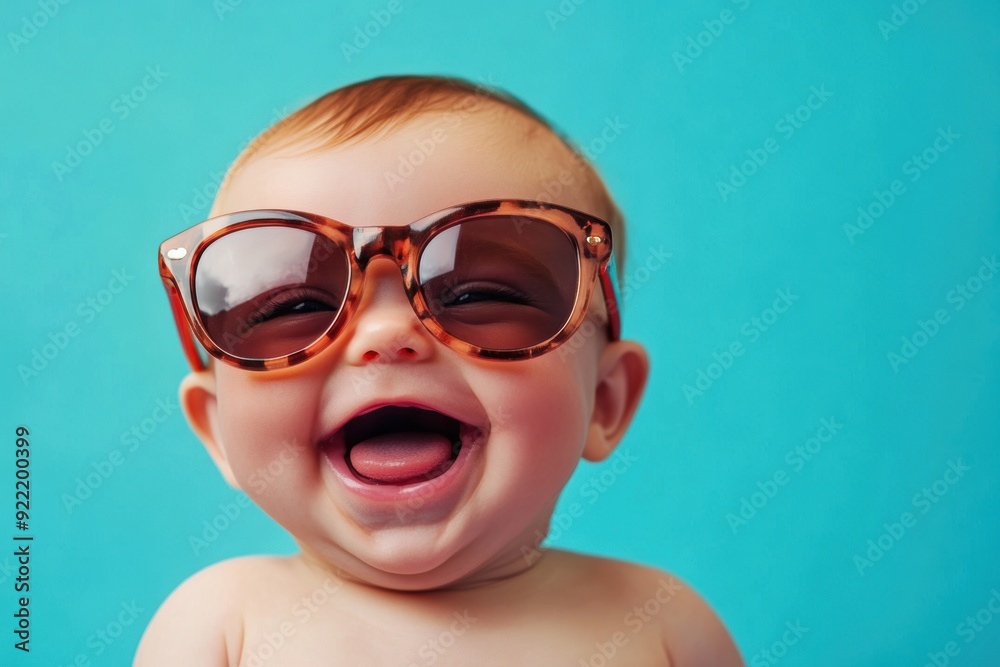 Happy baby wearing oversized sunglasses on blue background