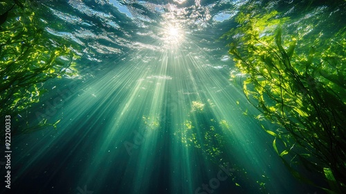 The view from beneath the water's surface, looking up at the sun as it beams through, creating a magical underwater scene photo