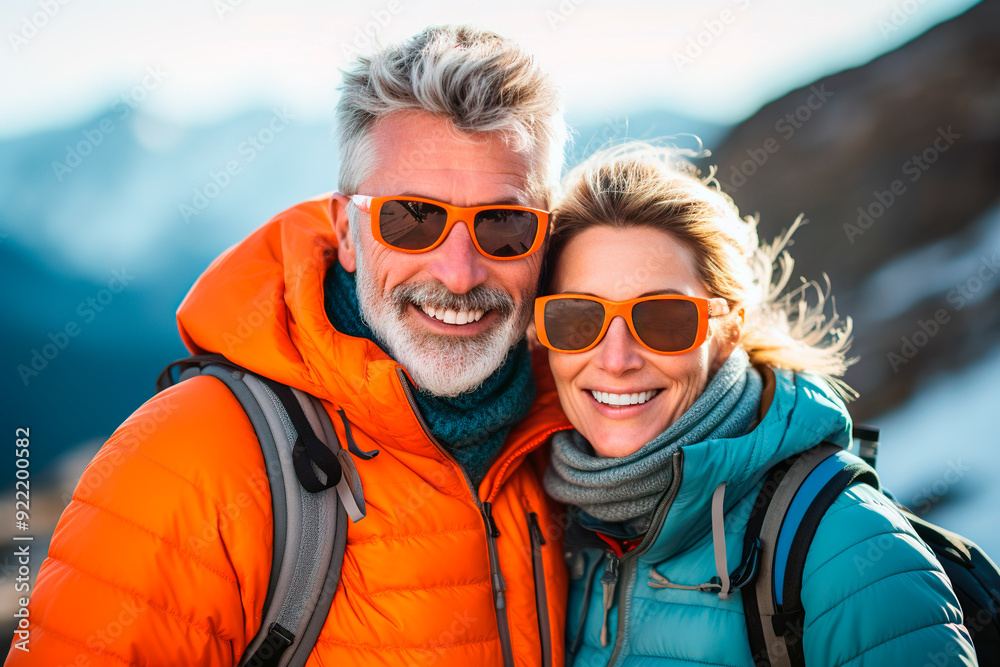 Mature Caucasian couple enjoying the outdoors in the snow for winter holidays Mature Caucasian couple enjoying the outdoors in the snow for winter holidays