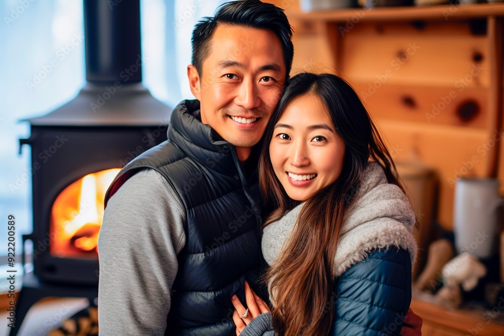 Japanese couple enjoying winter holidays in cozy mountain cabin Japanese couple enjoying winter holidays in cozy mountain cabin
