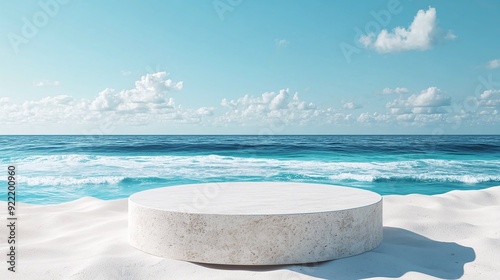 Beach podium with sand  acting as a display platform in front of a sea backdrop