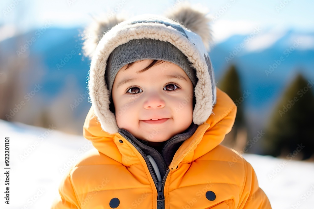 Headshot portrait of cute chubby toddler with winter snowy landscape as background Headshot portrait of cute chubby toddler with winter snowy landscape as background