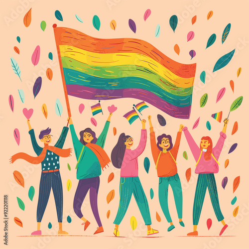 People celebrating pride, holding a large rainbow flag.
