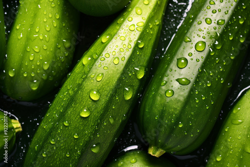 Freshgreen zucchini or courgettes with water drops background. photo