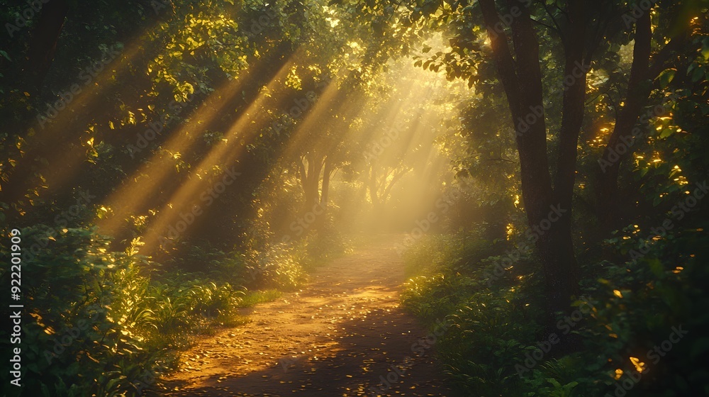 Fototapeta premium Enchanted forest pathway, misty atmosphere, golden sunbeams, towering ancient trees, lush green foliage, magical ambiance, photorealistic, soft lighting.