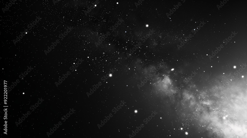 Obraz premium Cosmic Dust and Starlight: A mesmerizing black and white image of a star-filled sky with faint clouds of cosmic dust, evoking a sense of vastness and mystery. 