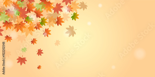 秋にぴったりな、赤や緑の紅葉したカエデの葉が重なるベクター背景画像