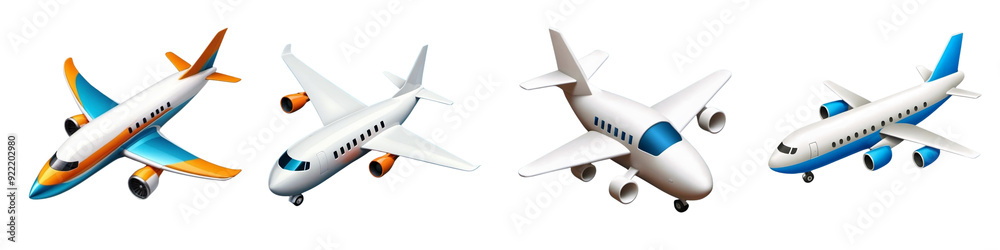 Set of 3D airplane icons in different colors and shapes, with white background (no background). Set of 3D airplane icons in different colors and shapes, with white background (no background).
